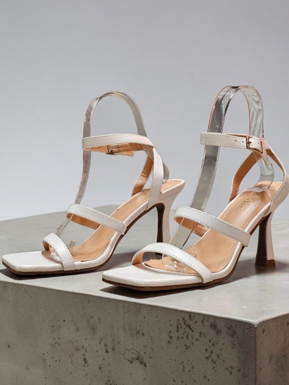 Strappy White High Heel Sandals With Square Toe & Adjustable Buckle Strap - Bell
